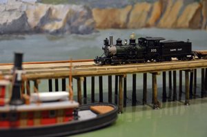 photo of model with loco on pier